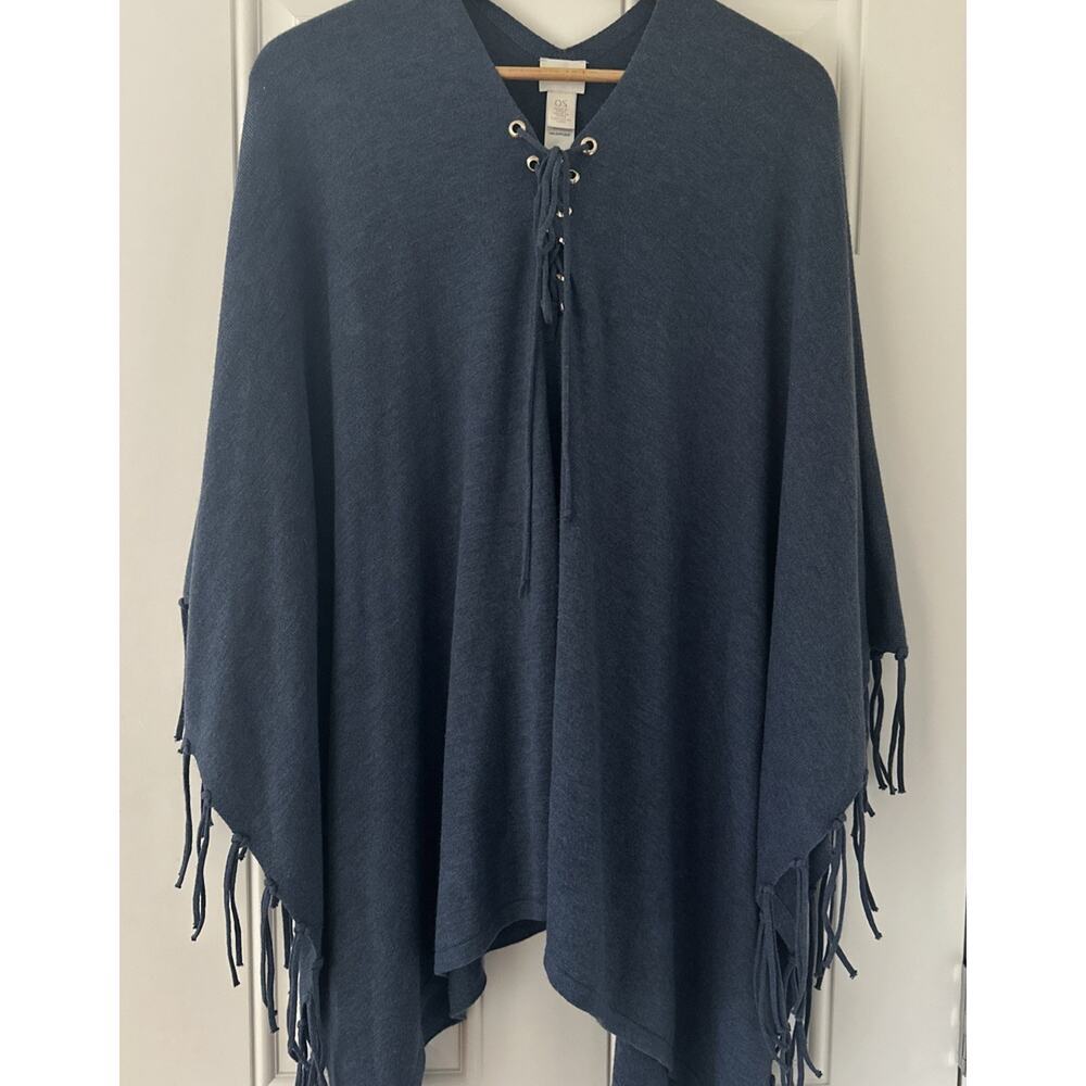 Chico's Lace Up Neckline Fringe Trim Blue Poncho Size OS Lightweight Boho